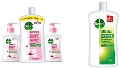 Dettol Skincare Handwash Liquid Soap Pump, Rose & Sakura Blossom Fragrance, 200Ml Twin Pack Original Refill for Effective Germ Protection Personal Hygiene, 1L