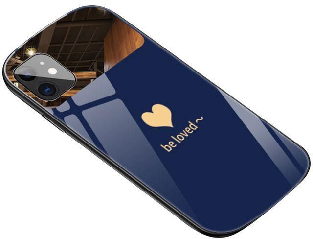 Oval Heart Print Phone Case Mirror Glass Cellphone-Blue