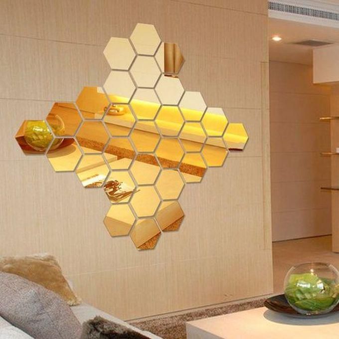 12pcs 3d Mirror Hexagon Removable Wall Sticker Deco (gold)