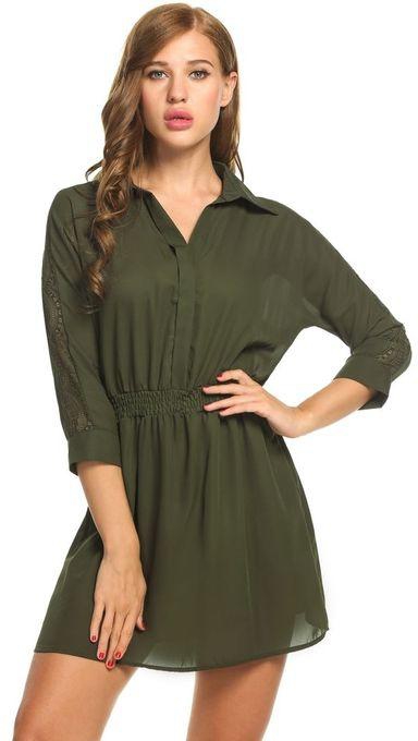 New Women Casual Turn-down Collar Three Quarter Sleeve Lace Patchwork Pleated Tunic Chiffon Dress-Army Green