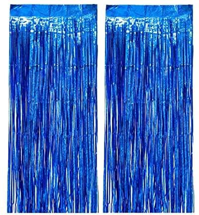 ستائر بيلاي مكونة من قطعتين مقاس 3 أقدام × 2.5 م من الفويل المعدني الأزرق المهدب الستار المتلألئ لزينة عيد الميلاد وحفلات الزفاف والكريسماس (أزرق لامع)