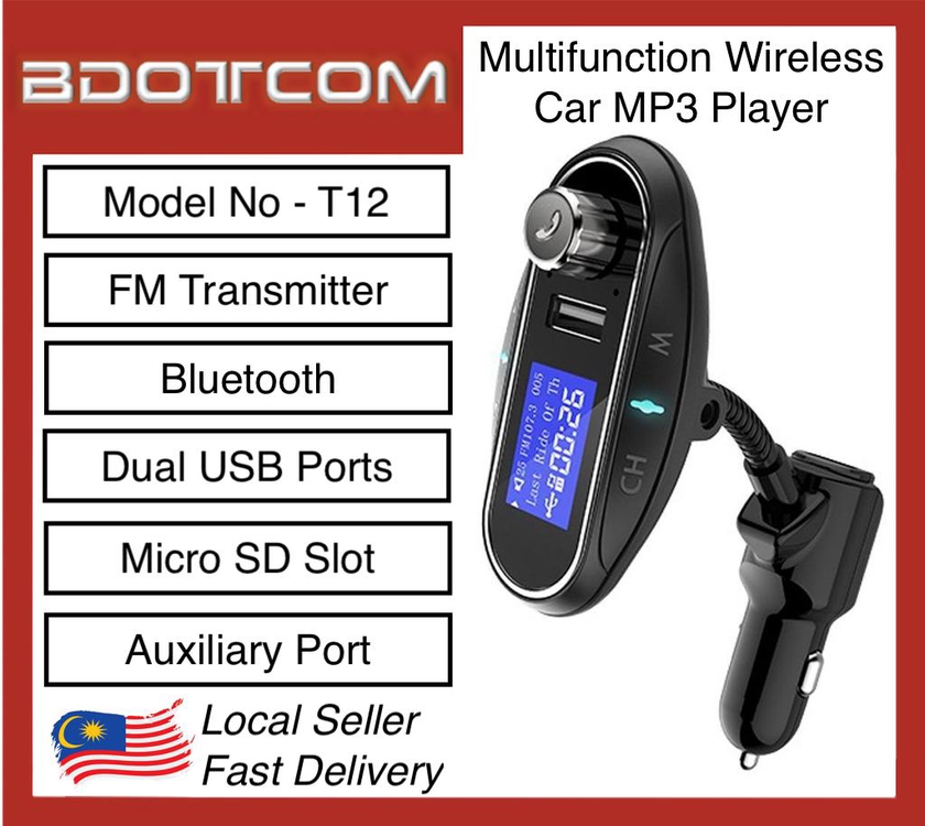 Bdotcom T12 Car Charger MP3 Player with Bluetooth USB Ports Micro SD Slot and Auxiliary Port