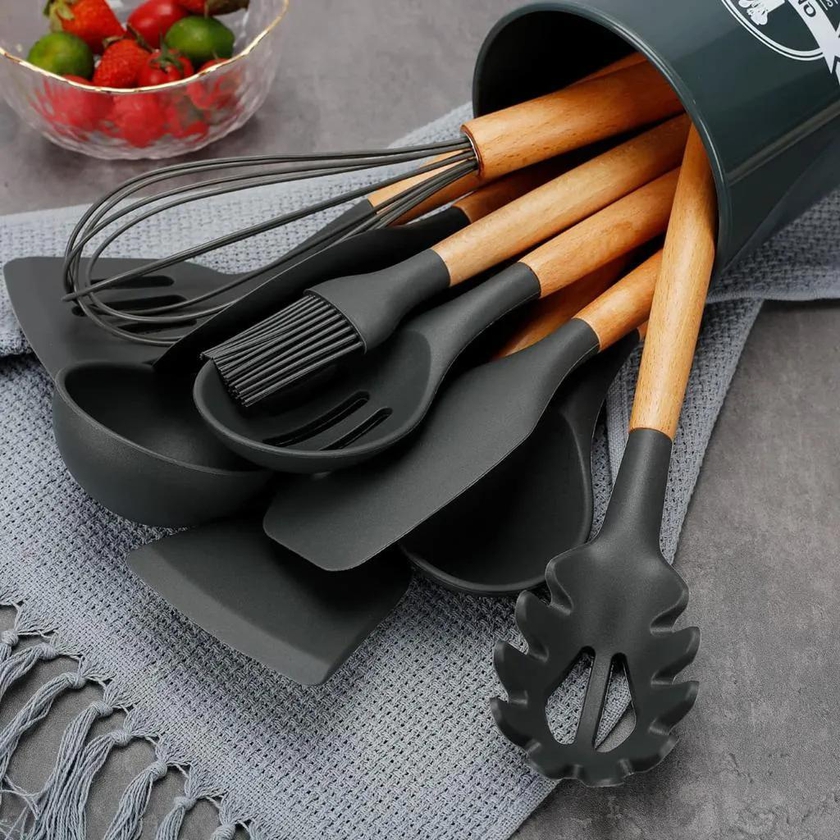 Generic 11PCS Silicone Cooking Utensil Set Wooden Handle Spatula Soup Spoon Brush Ladle Pasta Colander Non-stick Cookware Kitchen Tools