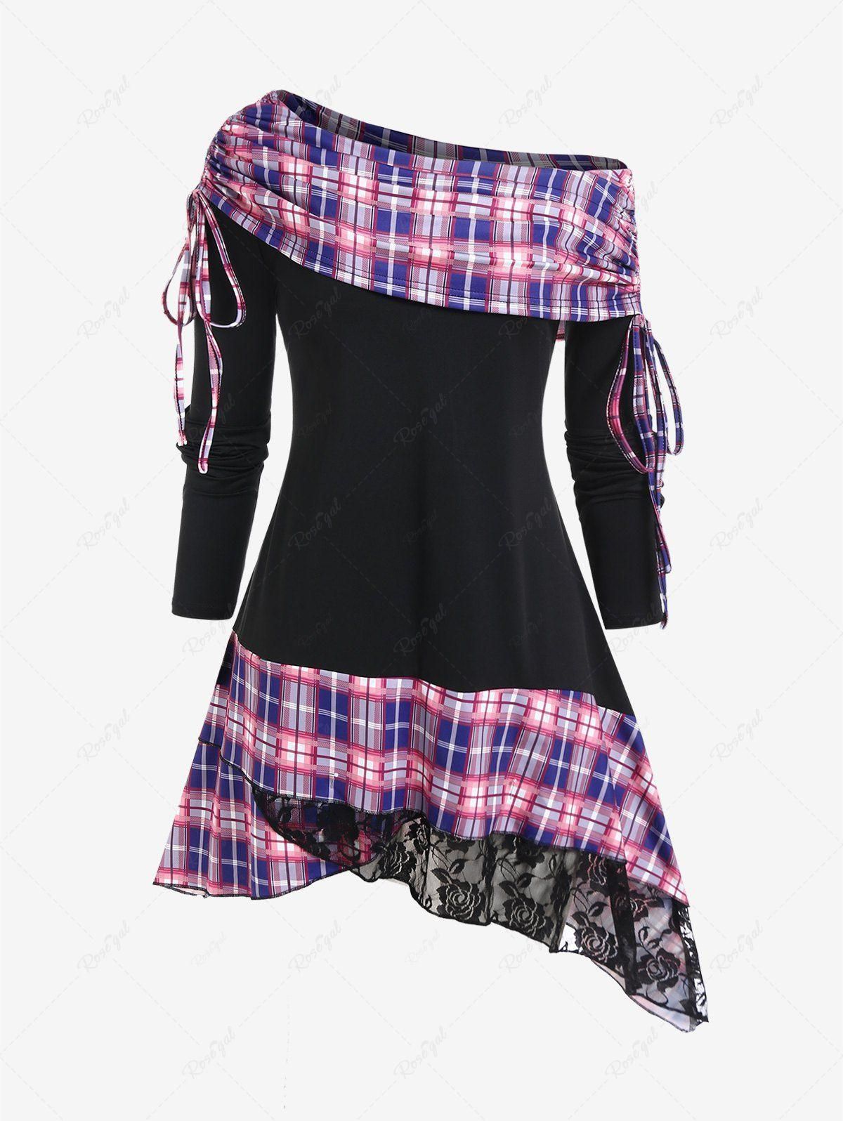 Plus Size Cinched Ruched Plaid Panel Lace Hem Asymmetrical Convertible Collar Top - M | Us 10