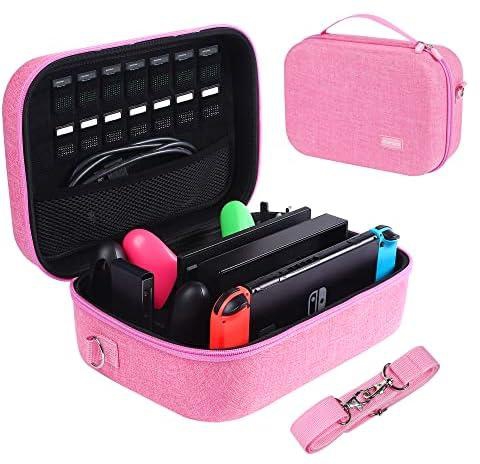 Glamgen Carrying Storage Case for Nintendo Switch/Switch OLED Model, Portable Travel All Hard Protective Bag with 16 Game Cards for Switch Controller and Accessories,Pink, 00-1