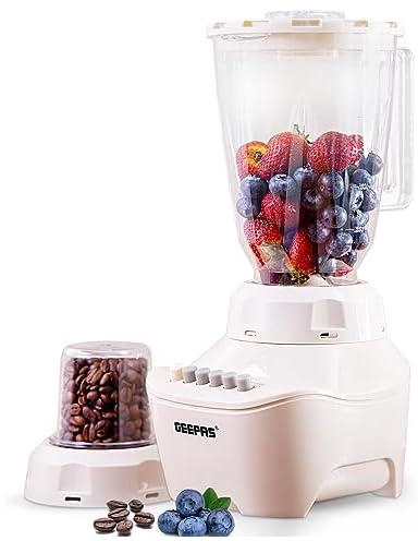 Geepas GSB5409 250W 2 in 1 Multifunctional Blender | Stainless Steel Blades, 4 Speed Control with Pulse | 1.5L Jar, Over Heat Protection| Ice Crusher, Chopper, Coffee Grinder & Smoothie Maker