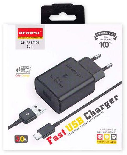 Powerful & Distinctive Wall Charger - Fast Charger TYPE-C - RECRSI CH-FAST D8 2PIN - Black