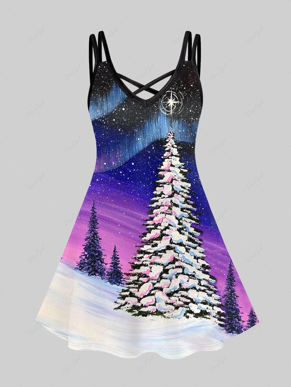 Plus Size Colorful Galaxy Colorblock Christmas Tree Snowflake Print Crisscross A Line Cami Dress - M