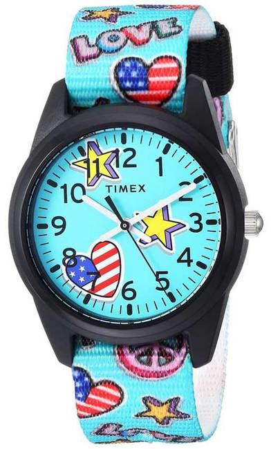 Timex T7C235 Girl's Time Machines Teal/Stars & Flags Fabric Strap Watch