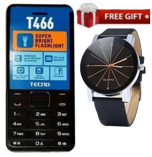 Tecno T466 2500mAh Battery, 4MB ROM + 4MB RAM-DUAL SIM-Black featured phone + Free Watch