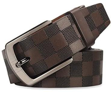 Mens Leather Belt,Checkerboard Embossed Genuine Leather Belt,Adjustable Belts For Jeans Pants Suits Casual Dress Belts