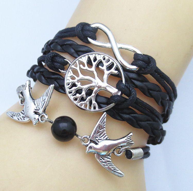 Jewelry Fashion Vintage Birds Leather Heart   - leather, Black