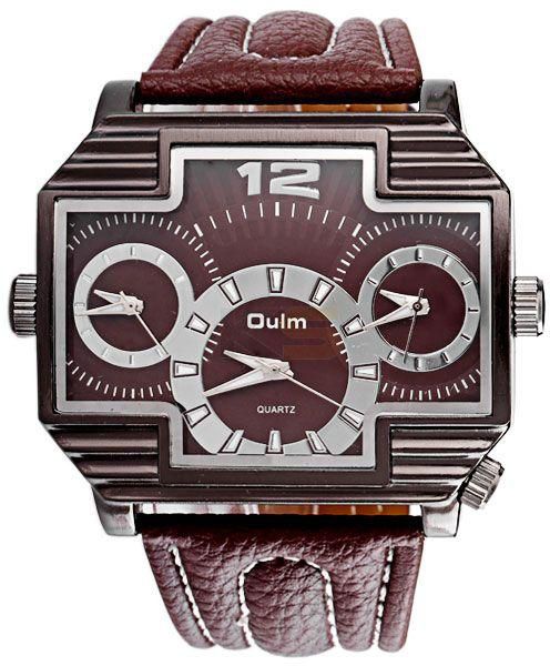 Oulm 3296 Delicate Men Wrist Watch Three Movt Analog with Big Rectangle Dial Leather Watch Band