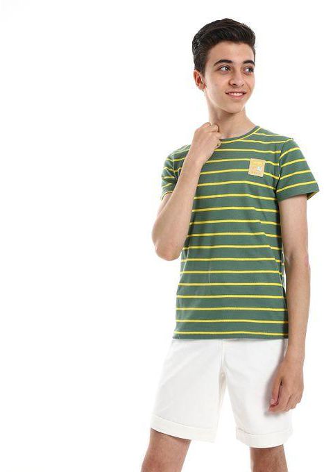Bongo Horizontal Striped Short Sleeves Boys Tees - Moss Green & Yellow