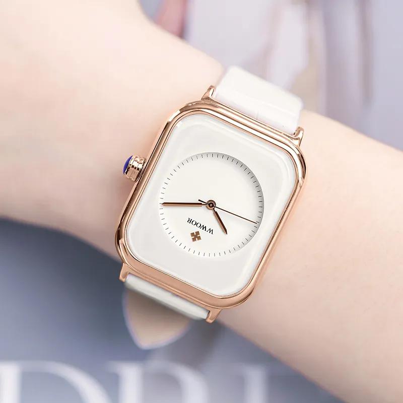 Fashion Women Watches 2023 WWOOR White Leather Minimalist Rectangle Ladies Quartz Dress Wristwatch Relogio Feminino Montre Femme