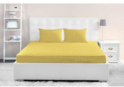 Fitted Bedsheet Set King Size High Quality 100% Cotton Percale 144 TC Light Weight Everyday Use 1 Bed Sheet And 2 Pillow Cases Printed Yellow