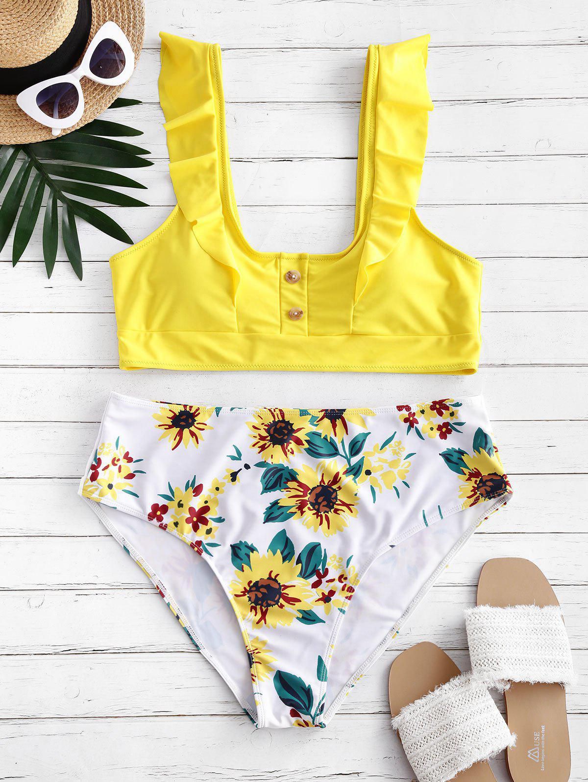 Buttoned Ruffles Sunflower Plus Size Bikini Swimsuit - 2x