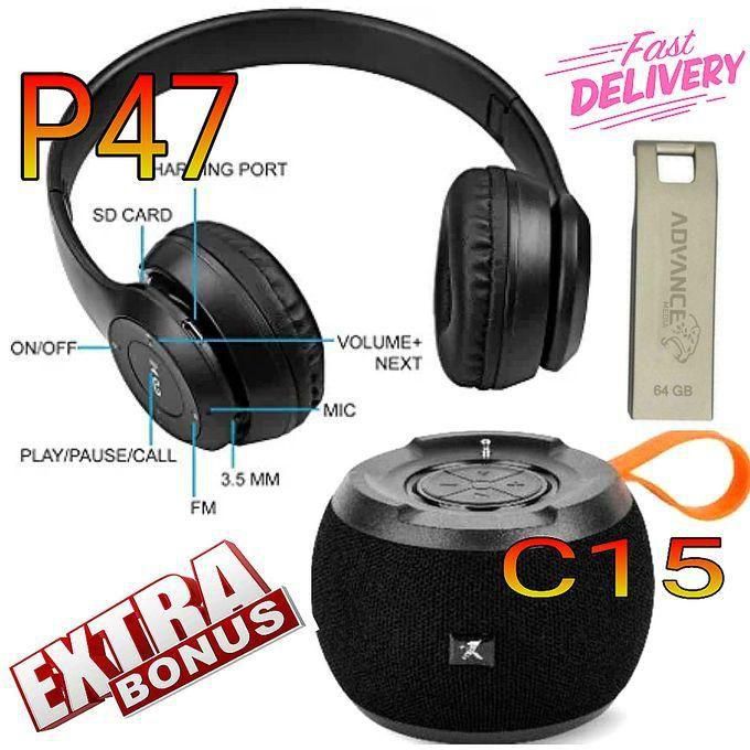 C15 Rechargeable Superbass Loud Bluetooth Speaker + USB Flash Drive 64GB, P47 BT