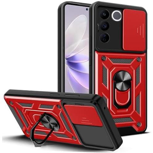 Dl3 Mobilak Case for Vivo V27 5G/Vivo V27 Pro 5G/S16 Pro 5G/S16 5G with Slide Camera Cover, Shockproof Protective Cover with Rotatable Metal Ring Kickstand [Support Magnetic Car Mount], Red
