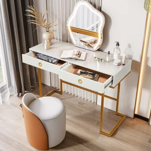 EROMMY Vanity Desk with Drawers, Modern Makeup Vanity Dressing Table with Wood Top and Metal Frame for Home Office, Bedroom, Gold-White