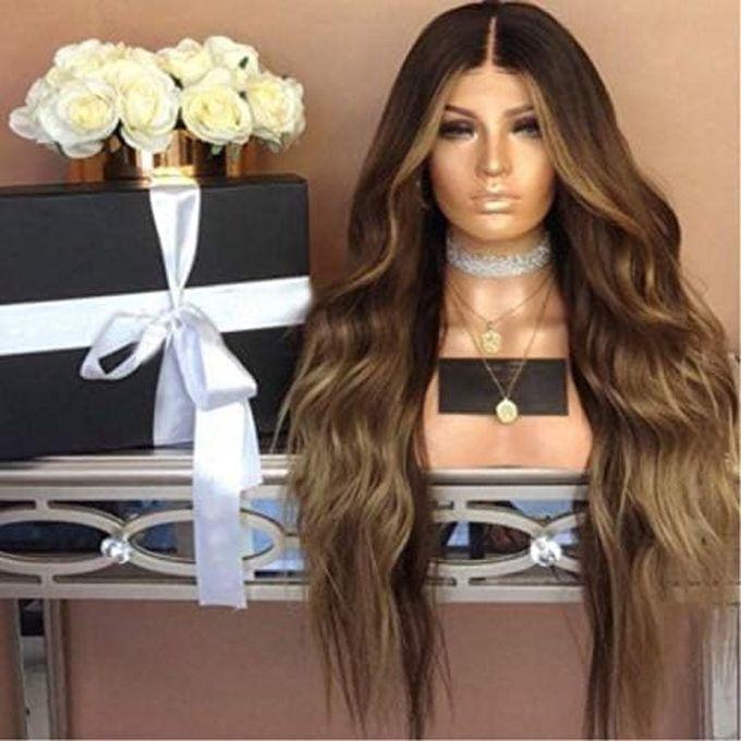 Long, Modern, Wavy Synthetic Wig, Blonde With Brown Gradient,dark Roots Parting In The Middle.