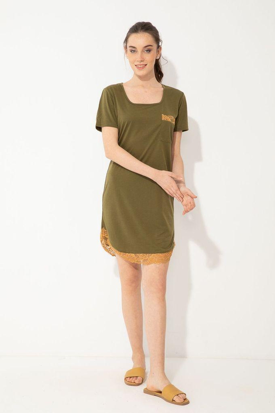 Kady Deep Round Neck Comfy Sleepshirt With Lace Detailing - Olive Green