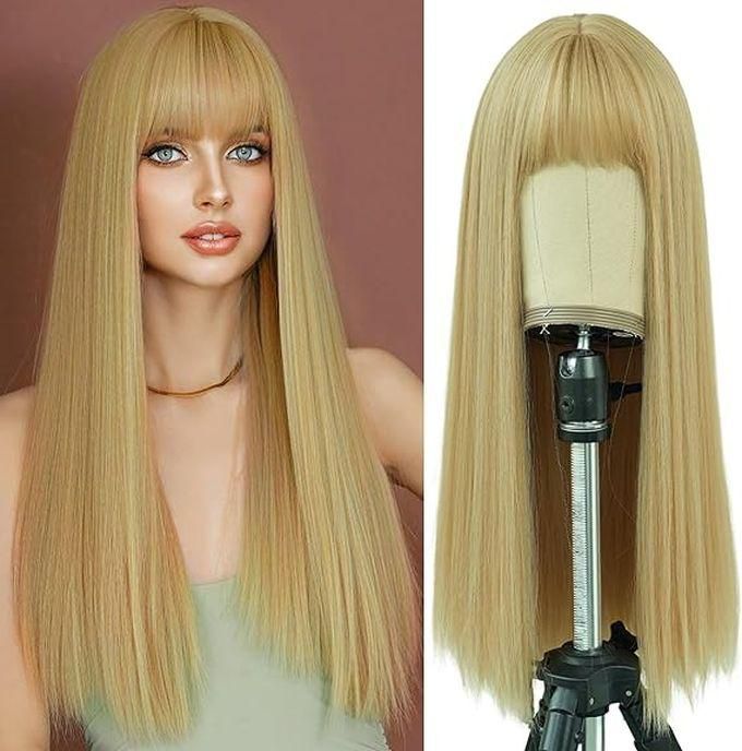 A Long Synthetic Wig With A Flowing Hairstyle With Bangs Made Of Blond Fibres