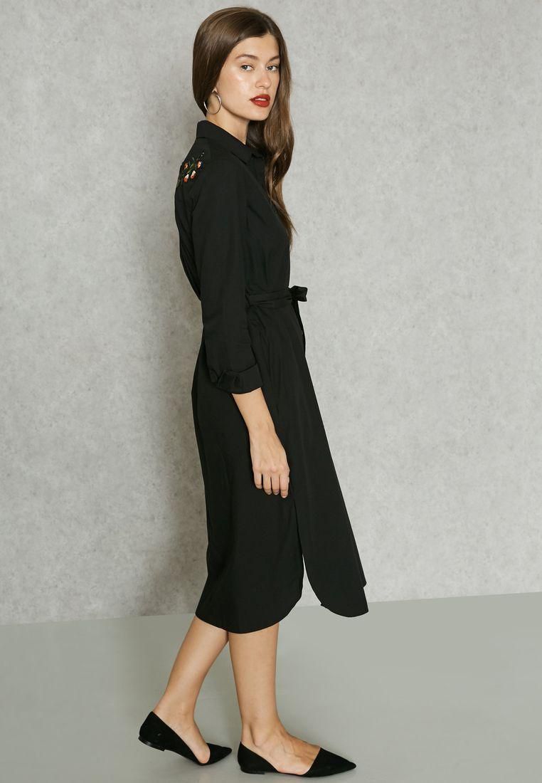Embroidered Back Self Tie Shirt Dress