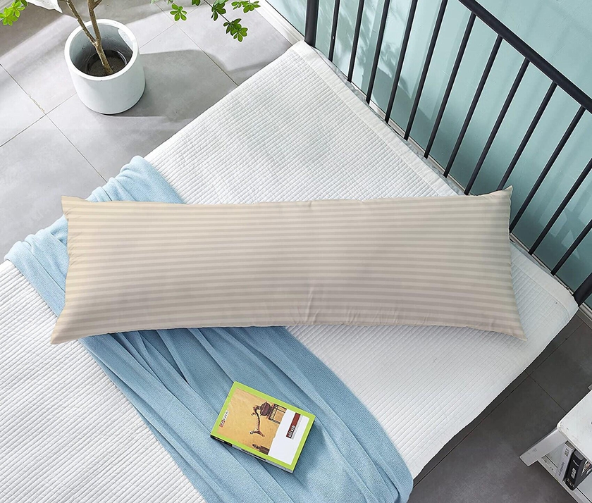 KLUB LINEN Long Body Pillow 1pc, Fabric: 100% Polyester 85 GSM Microfiber 1 cm Stripe Super Soft, Filling: 1300 gm Hollow Fiber Comfort, Breathable &amp; Ultra Soft , Size: 45 x 120 cm, Color: Cream