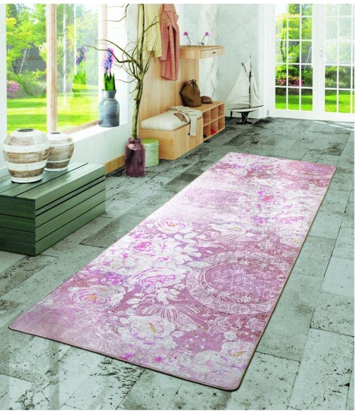 Romance Printed Carpet Pink/White/Yellow 80x400x0.5 centimeter