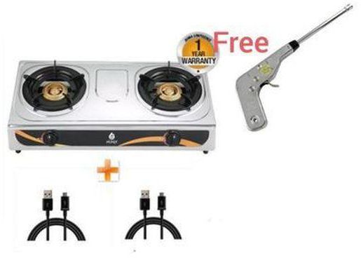 Nunix Stainless Steel 2 Burner Gas Stove + Cables Free Gas Lighter