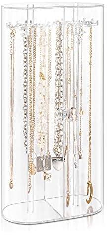 Acrylic Necklace Holder, Clear Necklace Organizer with 24 Hooks, Dustproof Rotation Jewelry Storage Holder Stand, Long Necklaces Pendant Bracelets Display Case for Dresser Bathroom Vanity Countertop