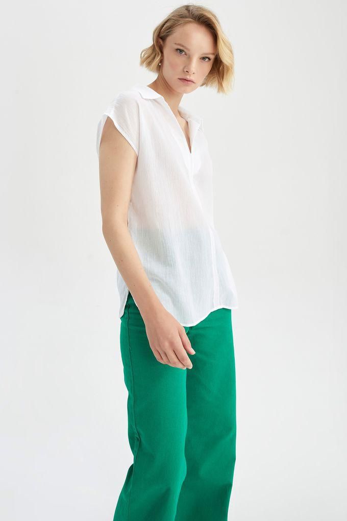 Defacto Woman Regular Fit Shirt Neck Short Sleeve Woven Blouse-White