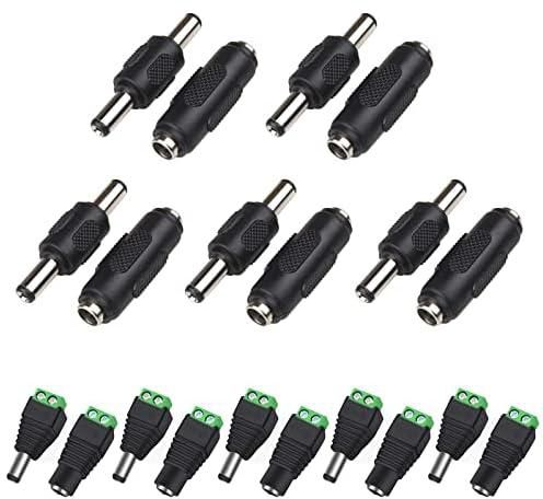 Adapter Plug 5.5 x 2.1mm DC Power Coupler, DC Male To Male Connector, DC Female to Female Connector + Barrel Power 12V Male and Female DC Power Connector 20 Pcs