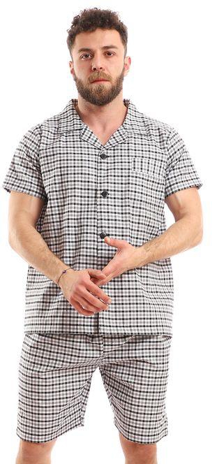 Kady Classic Collar Buttoned Checkered Pajama Set - Black & White