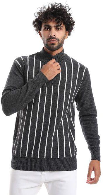 Andora Stripped Patter Zip Through Neck Pullover - Gray & White