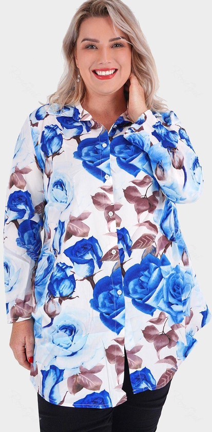 Plus Size Roll Up Sleeve Floral Print Shirt - 5x