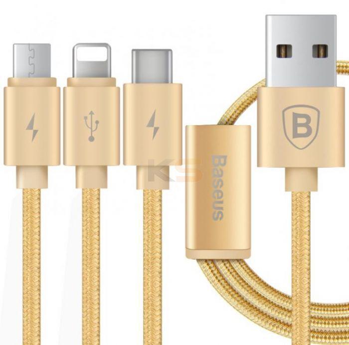 Baseus Portman Series 3-in-1 Micro USB+Type-C+8 Pin USB Data Cable 1.2M-Gold