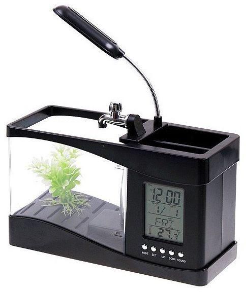 Mini USB LCD Desktop Lamp Light Fish Tank Aquarium LED Clock black lym H4874