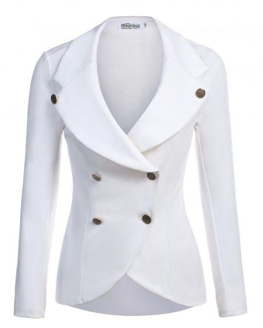 Meaneor Casual Turn Down Collar Long Sleeve Jacket Solid Coat Blazer-White
