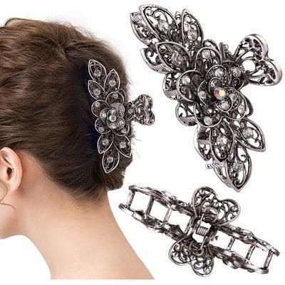Fancy Hair Claw Jaw Clips Pins For Womens Vintage Rhinestone Crystal Flowers Hair Barrette For Thick Hair Accessories White Silver