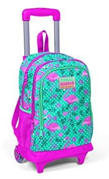 Coral High Kids Three Compartment Squeegee School Backpack - Water Green Pink Flamingo Patterned