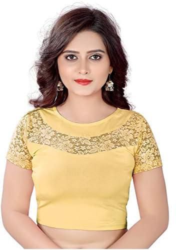 Indian Ethnic Design Stretchable Semar Blouse Golden Tops Readymade Saree Blouses Short Sleeve Crop Top, Golden, One size
