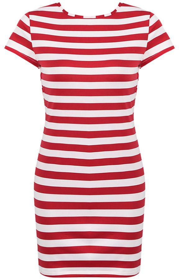 Striped Print Tie Bow Casual Dress Red/White