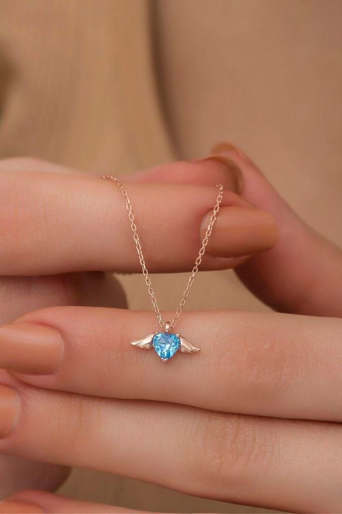 Artsy Aquamarine Stone Winged flying heart necklace-Silver