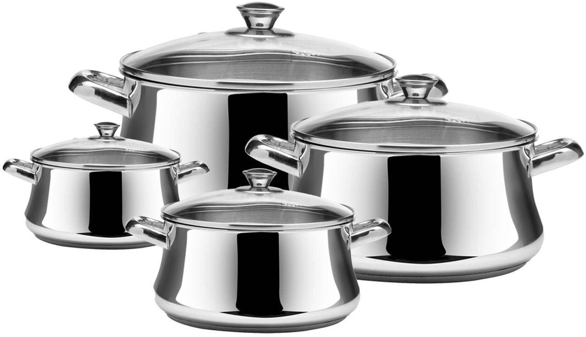 Zahran Stainless Steel Stewpot Set with Glass Lid - Sizes: 16-18-24-28 - 8 Pieces
