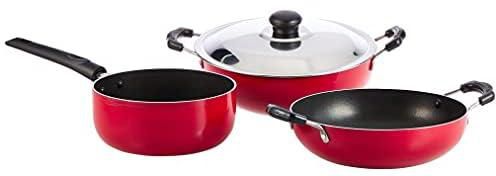 Nirlon Aluminum Cookware Set, Red/Black, 3 Pieces