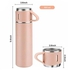 Vacuum Insulated Thermos 500ml Stainless Steel Thermal Bottle For Hot And Cold Beverages With 2 Extra Cups. Pink