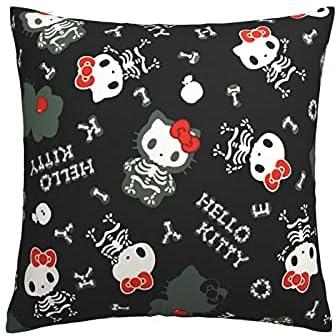 QINGYICAIIAC Hello Kitty with The Black Skull Throw Pillow Covers Decorative Square Pillow Cushion Case for Sofa Couch Bed Home Outdoor Car 18 x 18 Inches