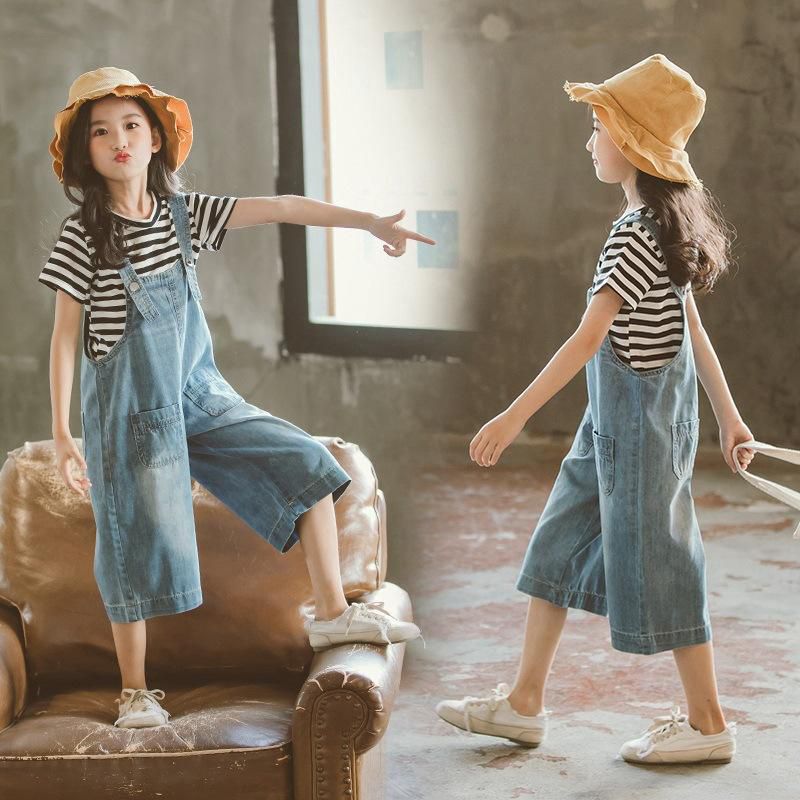 Girls Suit Suspender Jeans with Striped Tee - 6 Sizes (As Picture)